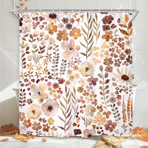 Riyidecor Fall Autumn Shower Curtain for Bathroom Decor 72Wx72H Cute Floral Flower Nature Watercolor Rustic Botanical Plant Herbs Art Printed Fabric Polyester Waterproof 12 Pack Plastic Hooks - color: D-burnt Orange, size: 72"W x 72"L (Pack of 1)
