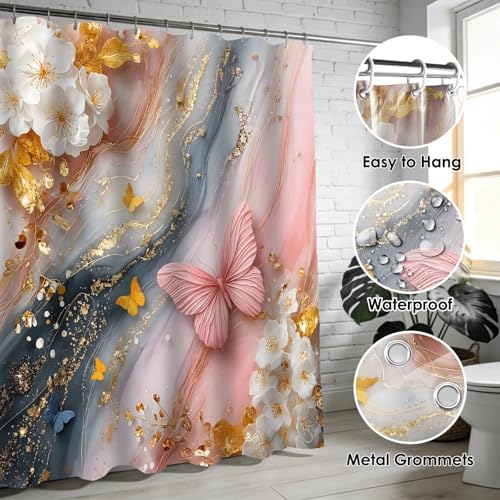 DDQQ 4Pcs Pink Butterfly Floral Shower Curtain Set White Golden Flower Bathroom Sets Marble Background Shower Curtain with 12 Hooks Bathroom Decor with Rugs Bath Accessories with Mats Toilet Lid Cover - color: Pink Yellow