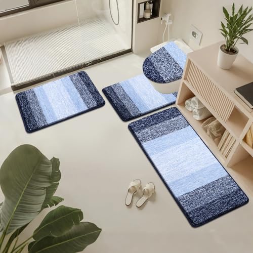 Bsmathom Bathroom Rugs Sets 4 Piece, Soft Absorbent Microfiber Bath Rugs with U-Shaped Contour Toilet Rug and Toilet Lid Cover, Thick Non-Slip Plush Shaggy Bath Mat Set,Navy Blue - color: Navy Blue, size: 18"x26"+18"x48"+U20"x24"+Cover19"x21"