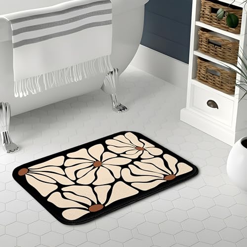 Boho Black and Beige Bath Mat | Black Floral Bathroom Rugs, Non Slip, 16x24 - color: Abtract Floral