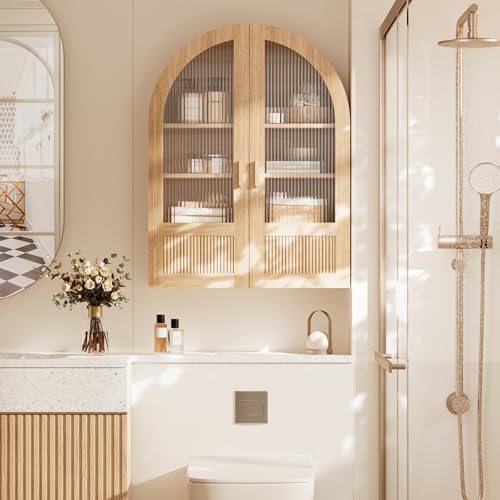 INNOD 4-Tier Arched Bathroom Wall Cabinet with Adjustable Wood Shelves, Over the Toilet Storage Cabinet with Acrylic Doors, Medicine Cabinet for Laundry Room & Living Room Kitchen (Natural Oak)