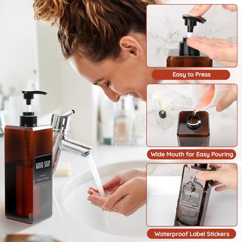 Segbeauty 33.8oz Amber Soap Dispenser Bathroom, 3pcs Plastic Soap Dispenser with Labels, Pump Bottles for Shampoo and Conditioner, 1000ml Large Square Lotion Pump Bottle Refillable Body Wash Container - color: Amber, style: 3pcs