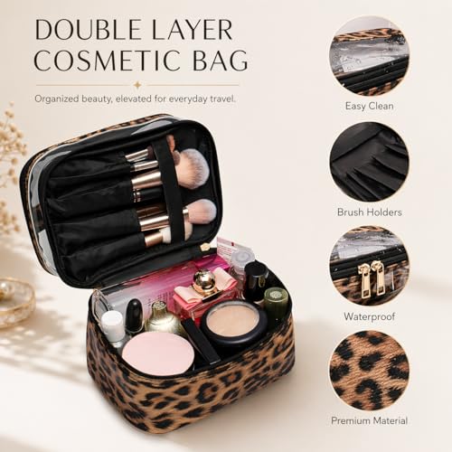 Double-layer Cosmetic Bag Makeup Bag Travel Makeup Bag Makeup Bags for Women Cosmetics Cases Portable Waterproof Foldable (Leopard) - color: 00-Brown