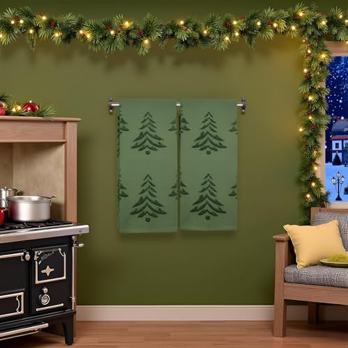 2 Pack Christmas tree Hand Towels 100% Cotton Jacquard holiday Kitchen dish Towels Retro Neutral Olive Green Bathroom Towels Set gift Seasonal Xmas Winter Bathroom Decor (Olive Green Christmas tree) - color: Olive Green Christmas Tree