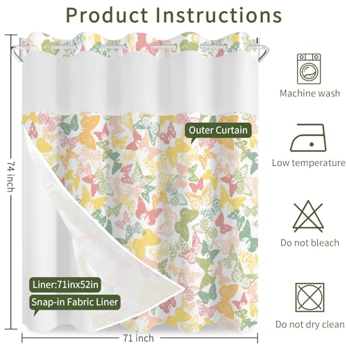 Butterfly No Hook Shower Curtain with Snap in Liner Set 71x74 in | Boho Modern Abstract Pastel Colorful Cute Butterfly Girly Shower Curtain for College Dorm Hotel Apartment Bathroom Bathtub - color: Boho Butterfly