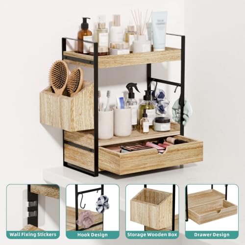 Kottwca 2-Tier Bathroom Counter Organizer with Drawer, Basket & Hooks, Wooden Vanity Shelf for Skincare, Perfume & Makeup Storage(Light Brown) - color: Light Brown