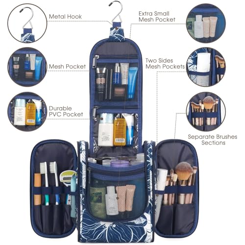 Narwey Small Hanging Travel Toiletry Bag Cosmetic Make up Organizer for Women and Men (Medium, Blue Lotus) - color: B-Blue Lotus, size: Medium