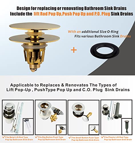 Artiwell Universal Bathroom Sink Drain Stopper, Fits Most Pop-Up Drains for Vessel Sink Lavatory Vanity, Sink Drain Strainer with Detachable Hair Catcher, Tested by Plumber in US (Polished Brass) - color: Polished Brass