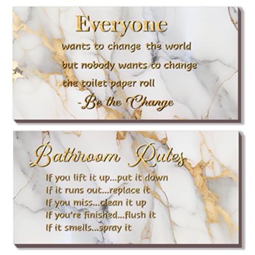 DONFENTHY 2 Pieces White Gold Bathroom Decor Bathroom Rules Wall Art Rustic Farmhouse wooden Sign for Toilet (White Gold 12x6") - color: White