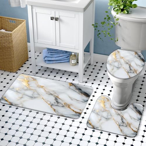 Lnond 4Pcs Marble Bathroom Sets with Shower Curtain and Rugs,White Gold Marble Modern Art Bathroom Shower Curtain Sets with Rugs and Accessories - color: White Gold Marble