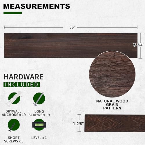 Marsmiles Wood Floating Shelves for Wall Set of 2, 36 Inch Wide Rustic Wooden Floating Shelves, Invisible Wall Mounted Display for Living Room Bedroom Kitchen Bathroom Office, Rustic Brown - color: Rustic Brown, size: 36Inch, Set of 2, (1-2/5"H)