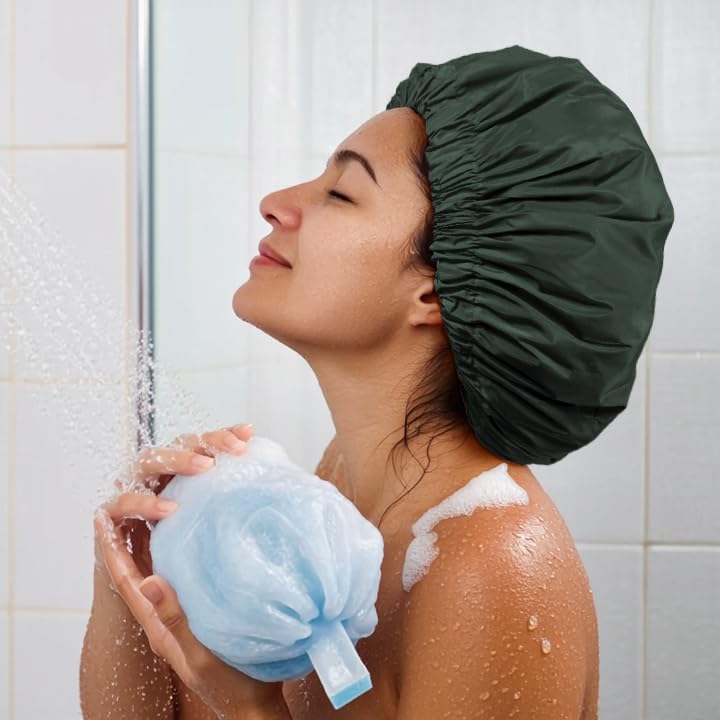 Edoneery Reusable Shower Caps for Women, Waterproof Long Hair Bonnet | Washable Design, Wide Elastic Band, Large Fit, Holds Long Hair, Braids Friendly, Bath Accessories, Spa, Travel - color: Dark Green