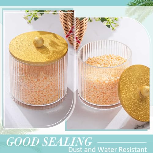 Yaomiao 6 Pcs Ribbed Bathroom Canisters Apothecary Jars with Golden Bamboo Lids and Label Stickers, 18 oz Plastic Canister with Fluted Design for Cotton Ball, Swab, Floss Picks House Storage - color: Golden