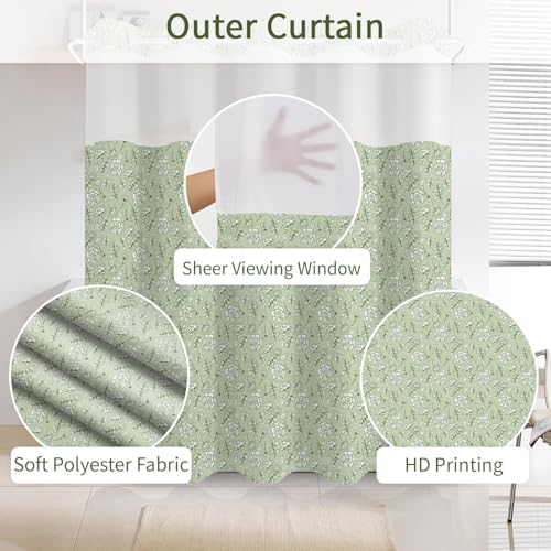 Boho Floral No Hook Shower Curtain with Snap in Liner Set 71x74 in | Sage Green Rose Girly Coquette Decorative Waterproof Fabric Shower Curtain for College Dorm Hotel Apartment Bathroom Bathtub - color: Mint Floral Vine