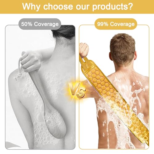 3 Pcs Exfoliating Bath Set with Back Scrubber Strap Shower Glove and Loofah Sponge for Deep Body Cleaning and Full Body Exfoliation(Yellow) - color: Yellow