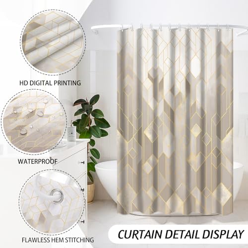 Lnond Beige Bathroom Set, Beige Abstract Cubes Bathroom Accessories Sets Complete, Luxury Restroom Set with Shower Curtain and Rugs, Trash Can, Toilet Brush Holder Set & Soap Dispenser - style: Beige