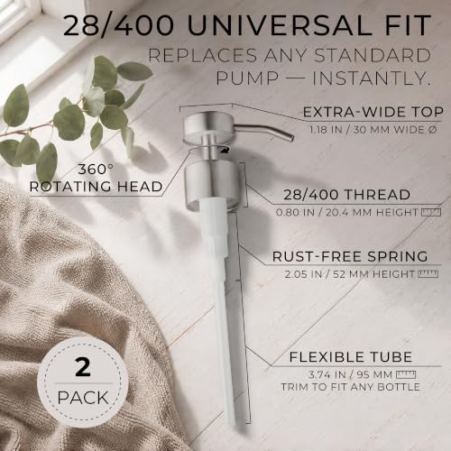 Soap Dispenser Pump | Stainless Steel Replacement | Durable, Rustproof | for Glass & Plastic Bottles with 28mm 28/400 Thread - 2 Pack (Brushed Silver) - color: Brushed Silver