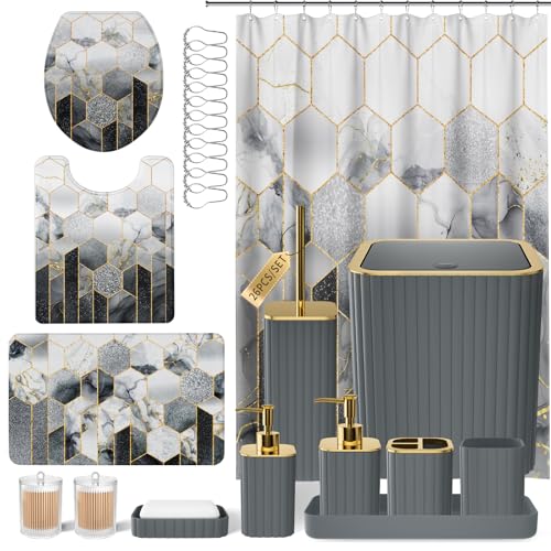 XLHOMO Bathroom Set - 26PC Bathroom Set with Shower Curtain and Rugs, Bathroom Accessory Set, Grey Bathroom Accessories Set, Trash Can & Soap Dispenser - style: Grey&Gold