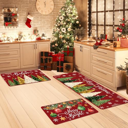 Drydiet 3 Pcs Christmas Kitchen Rug and Mat Set Washable Red Xmas Tree Kitchen Floor Mats Waterproof Non Slip Farmhouse Merry Christmas Doormat Holiday Xmas Decor for Home Office Bathroom Party Decor - color: Red, style: Christmas Tree