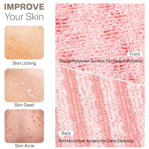 Yiclick Dual-Textured Exfoliating Washcloth Towel - Back Scrubber for Use in Shower Bath, Exfoliating Body Scrubber Exfoliator, Japanese Exfoliate Loofah Lufa Sponge Wash Cloth for Women Men - color: Pink