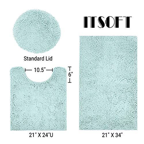 ITSOFT Standard 3pc Non-Slip Shaggy Chenille Bathroom Mat Set, Includes 24"x21" U-Shaped Contour Toilet Rug, 34"x21" Inches Bathmat and 1 Toilet Lid Cover, Spa Blue - color: Spa Blue, size: 24''x21’’, 34’’x21’’ and TLC (Set)