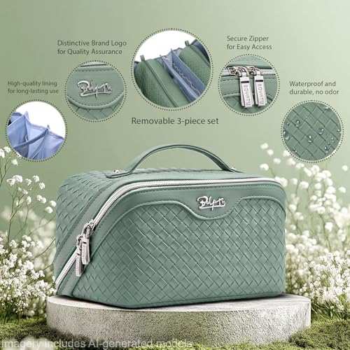 BOYATU Travel Makeup Bag Cosmetic Bags for Women: Large Capacity 3 Pcs Set Make up Bag with Compartments - Waterproof Vegan Leather Toiletry Organizer Bags with Handle (L10 Grass Green) - color: L10 Grass Green