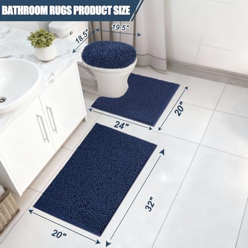 Bathroom Rugs Sets 3 Piece with Adjustable Toilet Seat Cover 19.5"x 18.5" Machine Washable Bath Rug Set with TPR Non Slip Rubber Backing Solid Bath Mat Set for Luxury Bathroom Decoration - color: Blue