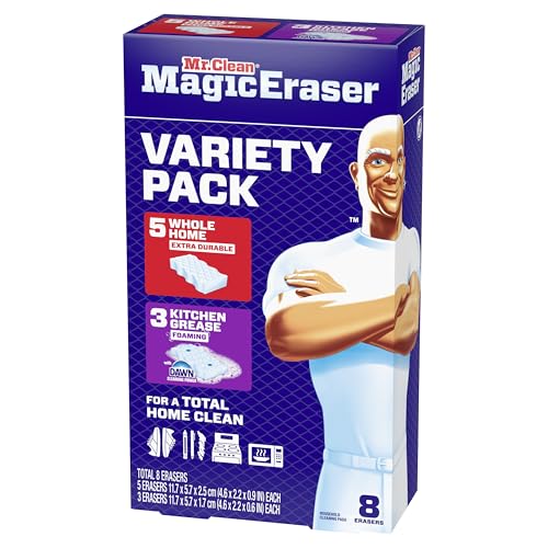 Mr. Clean Magic Eraser Sponge, All Purpose Cleaner, Cleaning Scrubber, Wall, Kitchen, Bathroom, Shower Cleaner, Melamine Sponge, Cleaning Pads, Variety Pack, 5 Extra Durable, & 3 Grease Magic Erasers - size: 8 Count, style: Upgraded Version