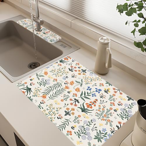 2Pcs Dish Drying Mats Faucet Mats Sets Large Size Coffee Mats Sink Faucet Mat Splash Guard for Kitchen Counter Bathroom Sink Coffee Bar Kitchen Decor (Wildflowers 2, 18"x24" 15" x 5.5"Set) - color: Wildflowers 2