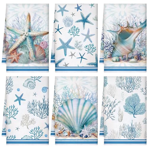Boyiee Set of 6 Beach Kitchen Towels Coastal Ocean Dish Towels Sea Nautical Tea Towels Absorbent 24 x 16 Inches Shell Coral Starfish Hand Towels Summer Gifts for Farmhouse Kitchen Bathroom Decorations - color: Ocean