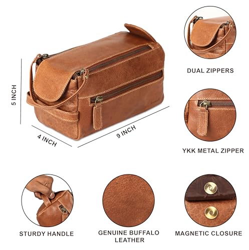 KomalC Premium Buffalo Leather Toiletry Bag for Men & Women With Water resistant Lining, Grooming Travel Pouch, Unisex Wash Bag for Toiletries, Gifts for Men and Women - color: Chicago Buff
