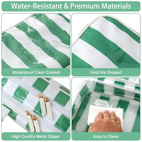 Travel Toiletry Bag for Women, Waterproof Clear Coated Portable Stripe Makeup Cosmetic Bag with Compartment, Travel Organizer for Shampoo, Conditioner, Brushes Set,Cosmetic Accessories(White-Green) - color: White-Green