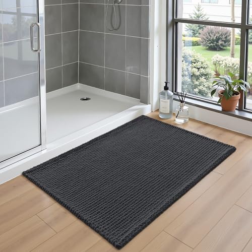 DEXI Bathroom Rugs 32x20, Non Slip Washable Bath Mat, Absorbent Chenille Bathmat, Ultra Soft Thick Carpet for Tub Shower Floor, Dark Grey - color: Dark Grey, size: 32" X 20" (Rectangular)