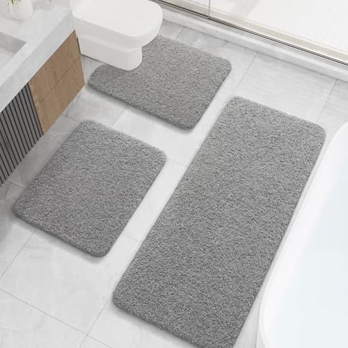 LOCHAS Bathroom Rugs Sets 3 Piece, Microfiber Long Bath Rug Set Non Slip Washable, Shaggy Toilet Rug Set Absorbent, Soft Cozy Bath Mat Set Quick Dry, Grey - color: Grey, size: 48" x 20" + 24" x 17" + U Shape 24" x 20"