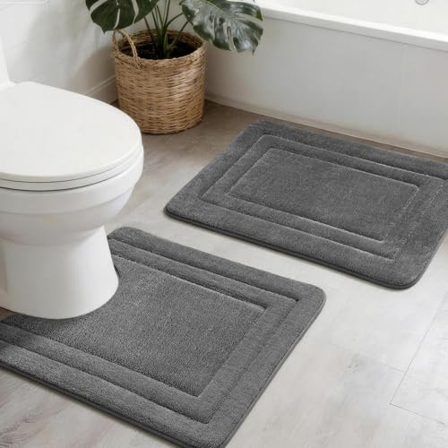 YIHOUSE Bathroom Rugs Sets 2 Piece, Towel-Like Soft Absorbent Thick High Density Memory Foam Bath Mat Set, Non-Slip Machine Washable Bath Rugs for Bathroom, Tub & Shower (24"x17"+24"x20"U, Dark Grey) - color: Dark Grey, size: 1'8" x 2' (17"x24"+20"x24"U)