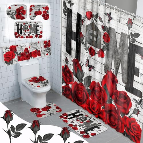 Tatuo 8 Pcs Red Rose Shower Curtain Set Rose Home Romantic Farmhouse Bathroom Decor Accessories Sets Black Red Waterproof Shower Curtain with Towels Carpet Bath Mat Toilet Rugs and 12 Hooks - style: Red Rose