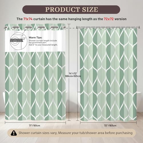 Yiatn No Hook Dark Green Double Shower Curtain with Snap in Fabric Liner Set - Hotel Style with See Through Mesh Top Window, Modern Geometric Waterdrop Design,Waterproof and Washable, 71x74 INCH - color: Dark Green, size: 71"W x 74"L (Pack of 1)