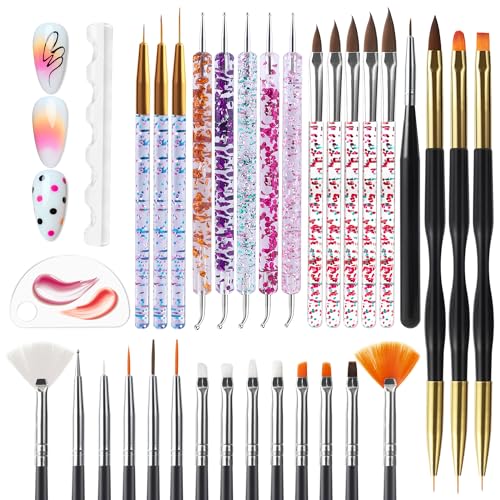 Artdone 32pcs Nail Art Brushes Tools Set Dotting Tools for Gel Polish | Dust Brush,Striping Brushes for Long Lines, Drawing Pen Design supply - color: 32Pcs set