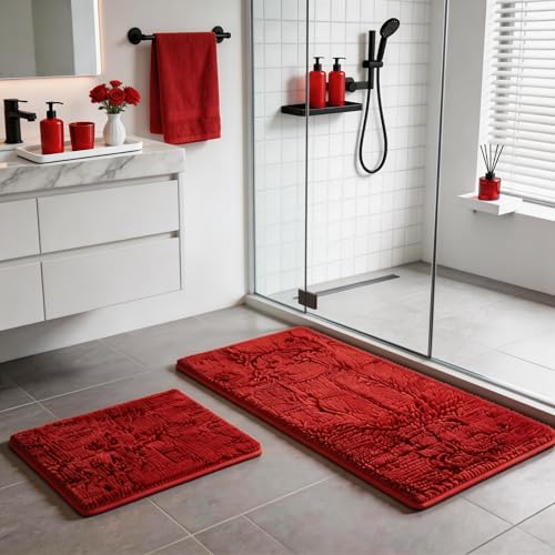 RUN HELIX Bathroom Rugs, Chenille Bath Mat, Non-Slip, Machine Washable Bath Rugs - Ultra Soft Bath Mats, Dries Quickly, Bathroom Rug Set of 2 Red Batroom Mats Set-32x20+24x16 Inch Christmas Rug - color: Red, size: 32"L x 20"W + 24"L x 16"W