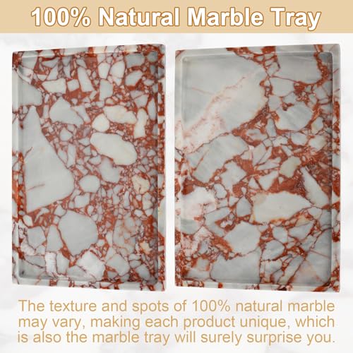 100% Natural Marble Vanity Tray - Real Stone Storage Organizer for Bathroom/Kitchen/Vanity/Dresser, Countertop Tray for Perfume, Jewelry, Home Decor, 11.8 x 7.8 x 0.7 Inch - color: Calacatta Red