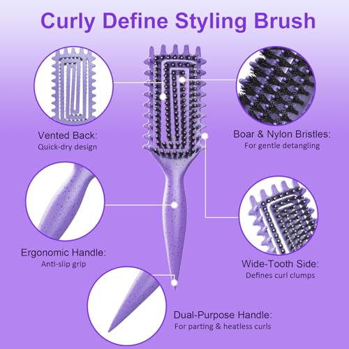 Curly Hair Brush, Curl Defining Brush with Soft Boar Bristles Detangling Tangled Glides, Wide-Teeth Design Effortlessly Shaping & Defining Curls, Curling Definer for Wet & Dry Hair (Purple) - color: Purple
