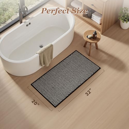AMOAMI Unique Woven Bath Mat, Super Absorbent Non Slip Bath Mats for Bathroom Floor Textured Bathroom Mat Quick Dry Washable Bath Rug Boho Thin Rugs for Bathroom Beside Tub, 20" x 32", Black - color: Black, size: 20" x 32"