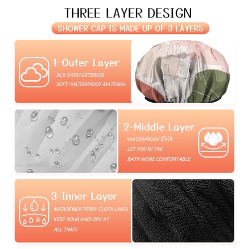Luxury Shower Cap Terry Lined Reusable Triple Layer Waterproof Hair Elastic Caps Shower Bath Hat for Women Girls Cute Aesthetic-Color Block - color: AL11-Color Block