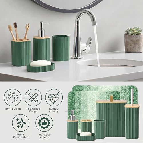 Bathroom Accessories Set - Bathroom Set with Shower Curtain and No Slip Rugs, Trash Can, Toilet Brush Holder Set, Soap Dispenser & Bath Towels - Stylish Bath Decor for Home, Apartment, Green, 25PCS - color: Green