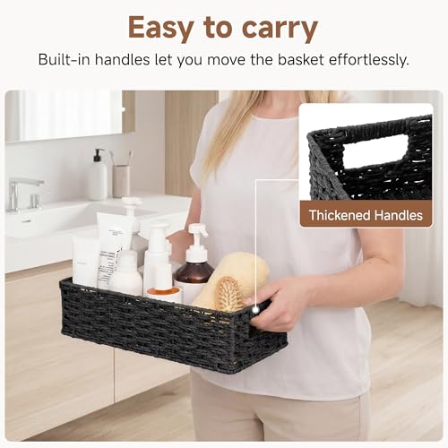 StorageWorks Small Wicker Toilet Basket Tank Topper with Built-in Handles, Toilet Paper Baskets for Back of Tank, Paper Rope Bathroom Basket Organizer and Storage for Rustic Bathroom Decor, Black - color: Black, size: 14¼" L x 6¾" W x 3¾" H