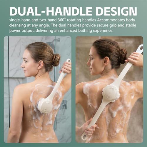 Electric Body Brush Back Scrubber for Shower, Waterproof Long Dual Handle Power Body Scrubber with 4 Heads, Bath Brush & 2 Speeds, for Deep Cleansing, Exfoliating and Massaging Skin (Beige) - color: Beige