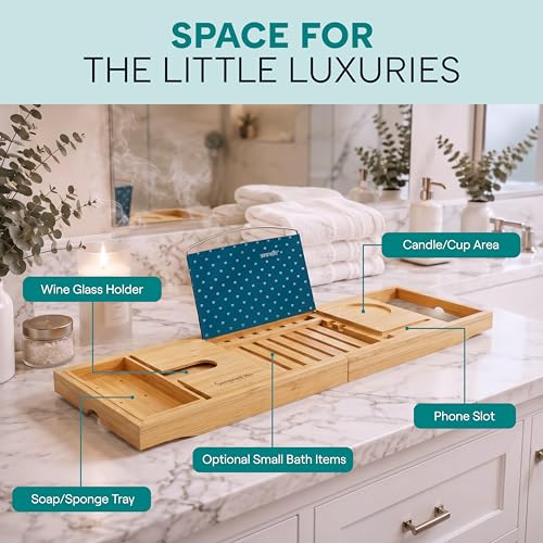 SereneLife Premium Bathtub Tray Caddy, Expandable Bath Tray, Unique House Warming Gifts, Gift for Mom, Women, New Home, Wedding, Anniversary, Bridal Shower, Universal Fit for All Tub -Natural, GiftSet - color: Natural, Gift Set