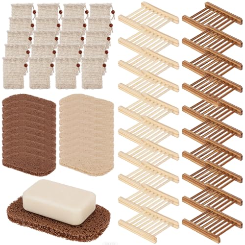60PCS Soap Saver Set,Bamboo Soap Holder Including 20 Wood Soap Dishes with Waterproof Lacquer, 20 Loofah Soap Pads, 20 Cotton Linen Drawstring Soap Bags, Soap Saver Set for Bathroom, Shower, Travel