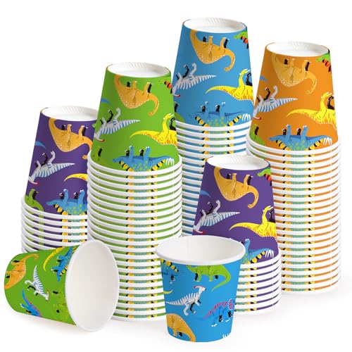 WRAPAHOLIC 3oz Dinosaur Paper Cups - 100 Pack Disposable Bathroom Cups with Green Orange Blue Purple 4 Designs, Small Mouthwash Cup for Toothbrush Rinse, Home Bathroom Baby Shower and Kids Birthday - color: Green/Orange/Blue/Purple Dinosaur