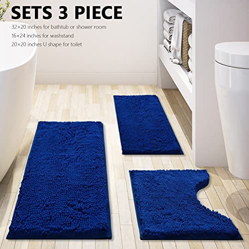 Bathroom Rugs Chenille 3-Piece Extra Soft and Absorbent Shag Bathroom Rugs, Machine Wash Mat, Strong PVC Non-Slip Underside, Plush Carpet Mats (Royal Blue) - color: Royal Blue, size: 2'8" x 1'8" (16x24"+20x32"+20x20"U shape）